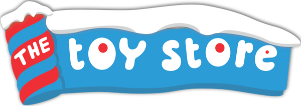 Logo of 'The Toy Store' with a blue banner and red and white accents on a white background
