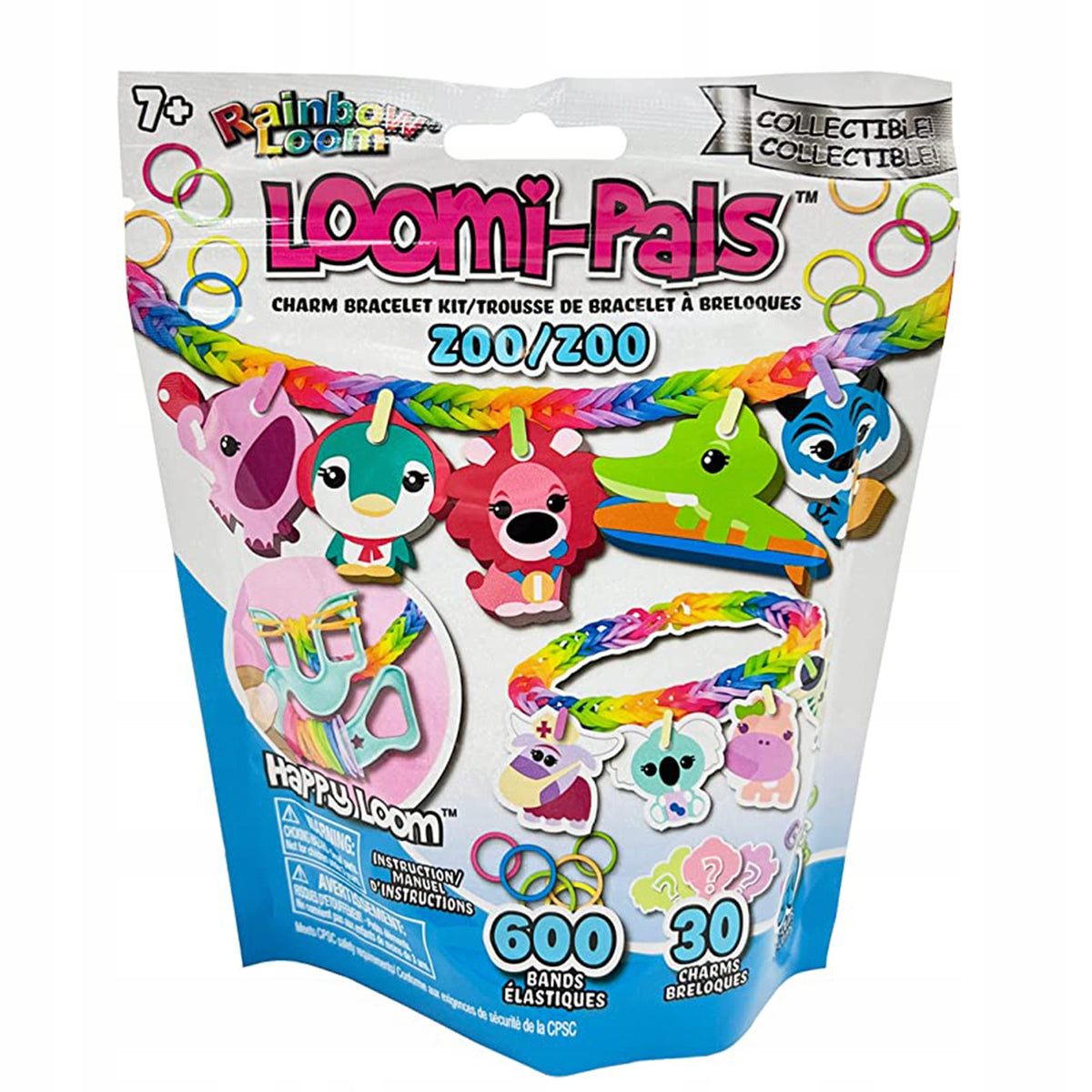 Charm bracelet kit package with 600 rainbow rubber bands and animal pendant charms