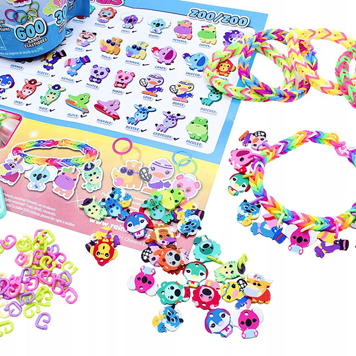 Rainbow braided rubber band bracelets with animal pendant charms