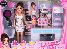 Dress To Impress Deluxe Puppe: weißes Kleid, braunes Haar, pinkes Zubehör-Set im Karton
