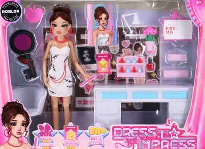 Dress To Impress Deluxe Puppe: weißes Kleid, braunes Haar, pinkes Zubehör-Set im Karton