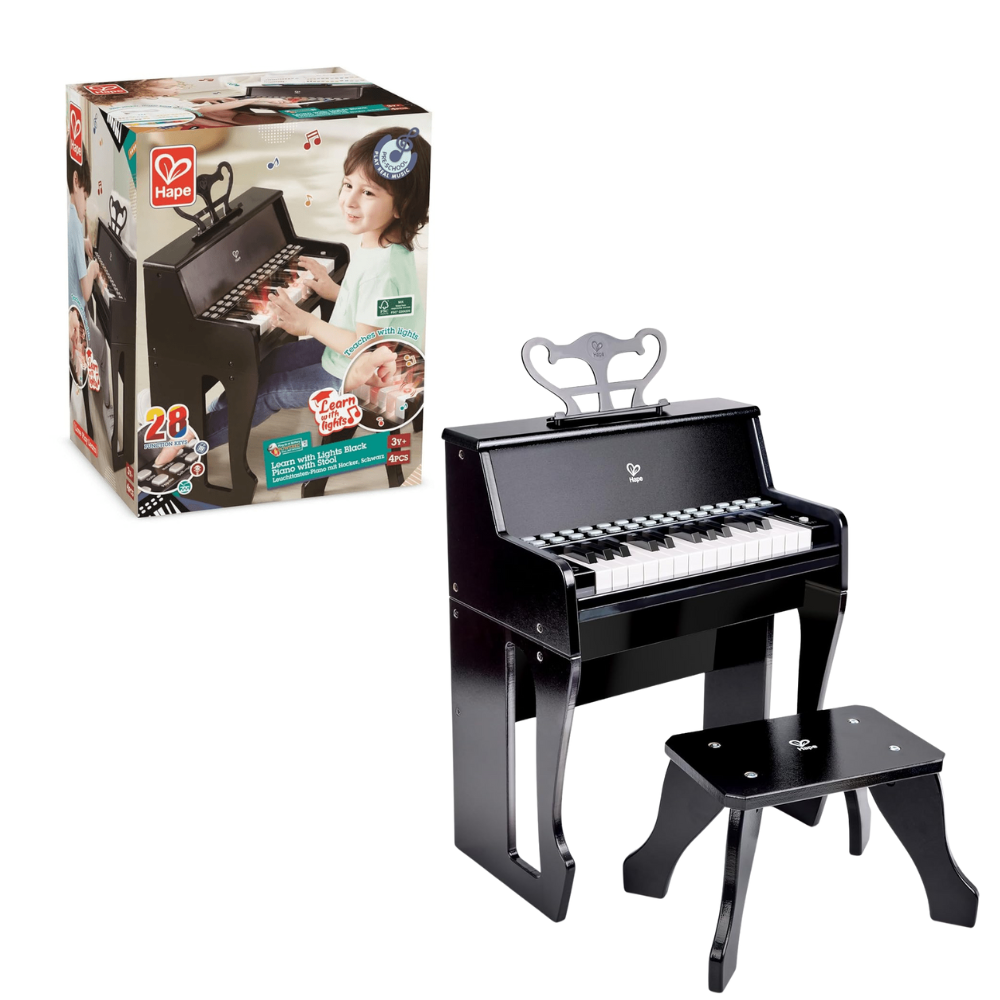 Black upright piano toy with keyboard and attached bench for kids learning