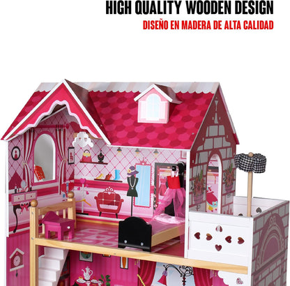 Wooden Doll's House with Furniture, Manor House for Doll 3 levels