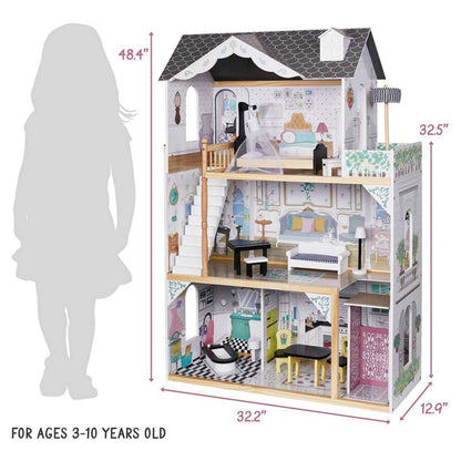 Kids Wooden Dollhouse – With Elevator Balcony & Stairs Accessories