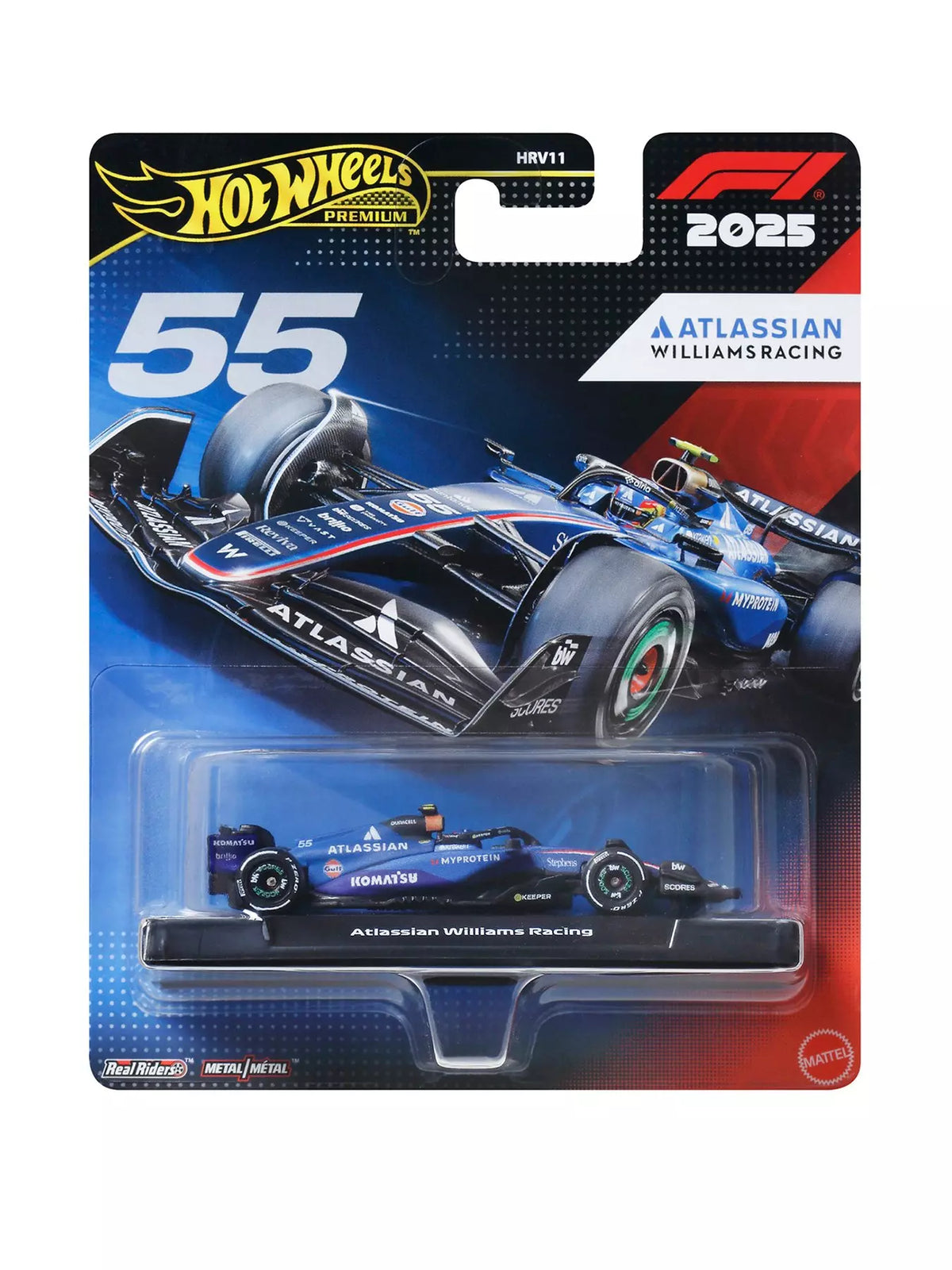 Hot Wheels Premium Formula 1 die-cast car #55 with Real Riders tires, blue and black