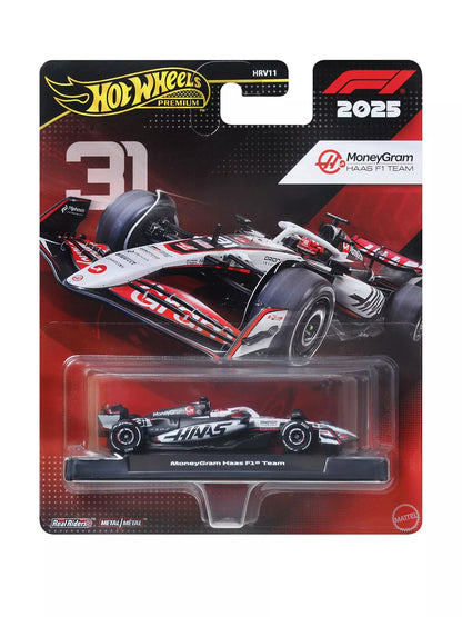 Hot Wheels Premium Formula 1 die-cast car #31 with Real Riders tires, black and red