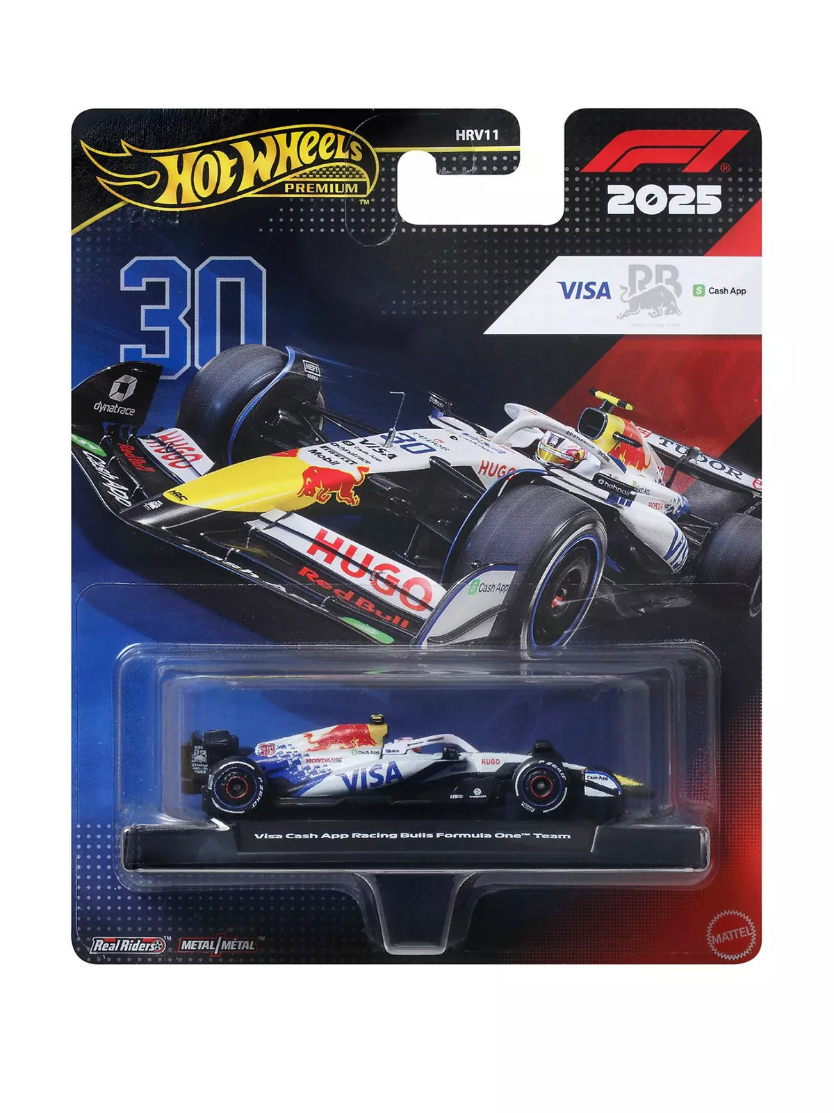 Hot Wheels Premium Formula 1 die-cast car #30 with Real Riders tires, blue and white