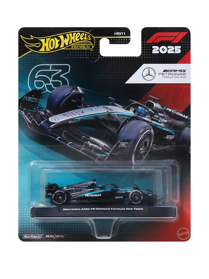 Hot Wheels Premium Formula 1 die-cast car #63 with Real Riders tires, blue and black