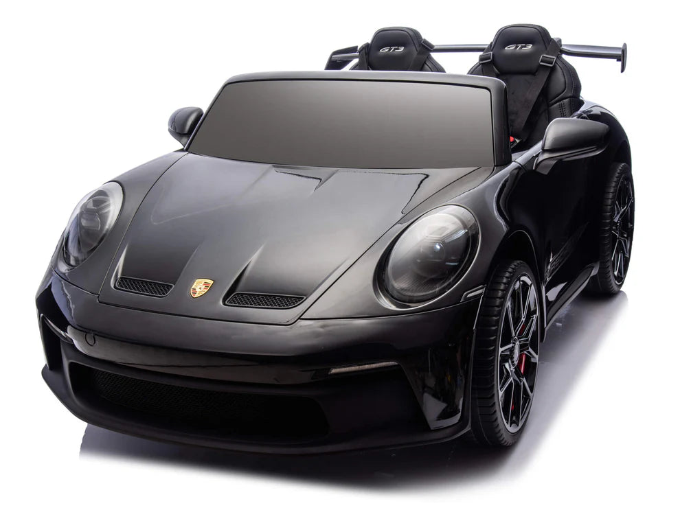 Schwarzer 24V Porsche 911 GT3 Elektro-Rutscher mit Gummireifen, Frontansicht