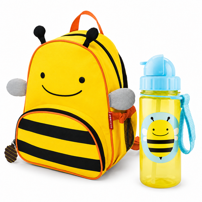Kids bee backpack with orange trim and striped face, with matching yellow water bottle