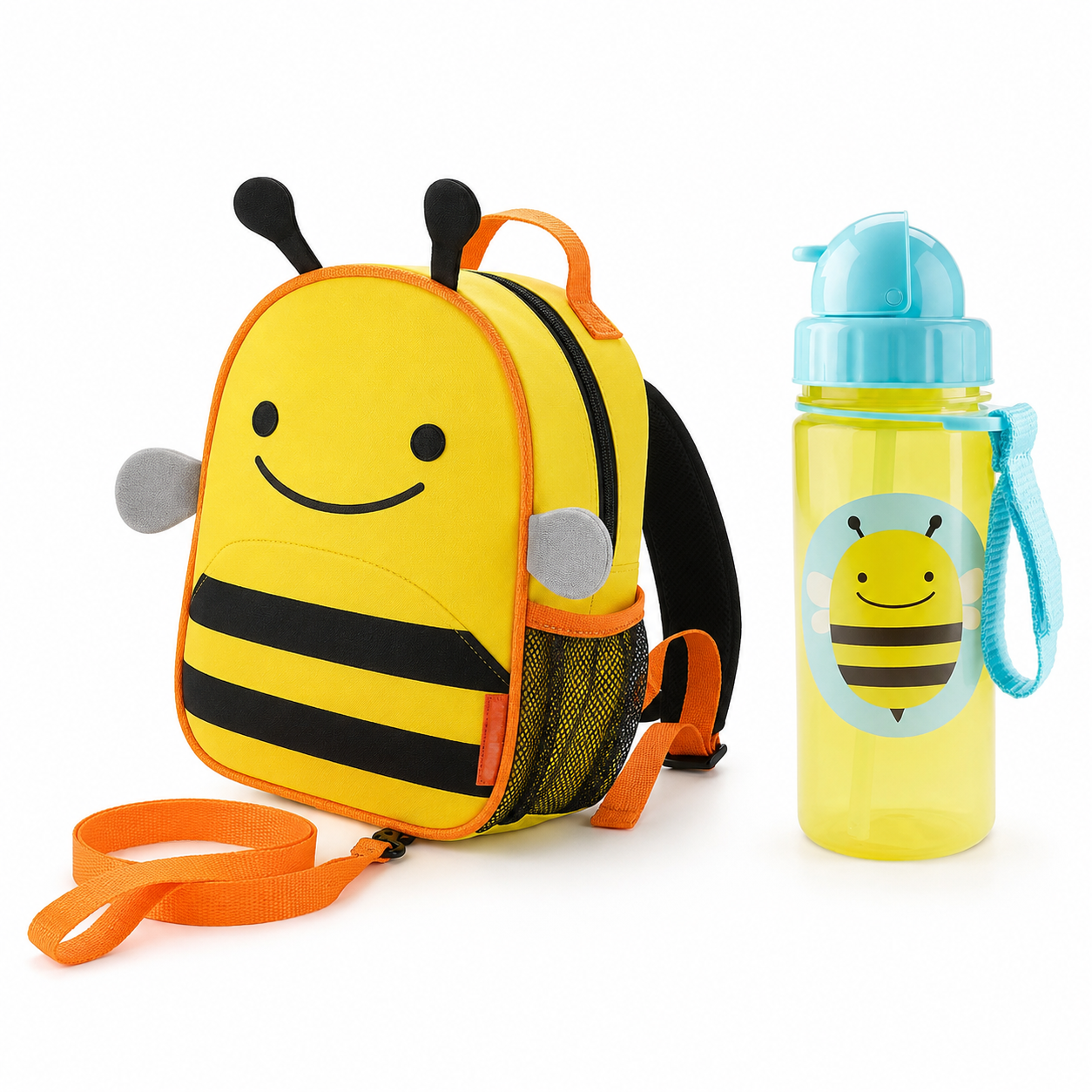 Yellow bee toddler backpack set with black stripes, orange trim, and front smile face