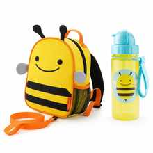 Yellow bee toddler backpack set with black stripes, orange trim, and front smile face