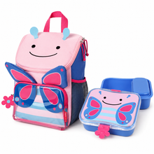 Kids butterfly backpack and lunchbox set, pink and blue with cute face