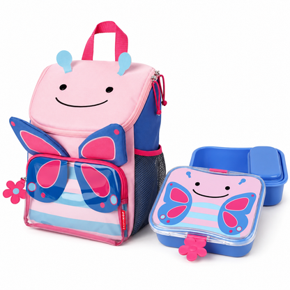 Kids butterfly backpack and lunchbox set, pink and blue with cute face
