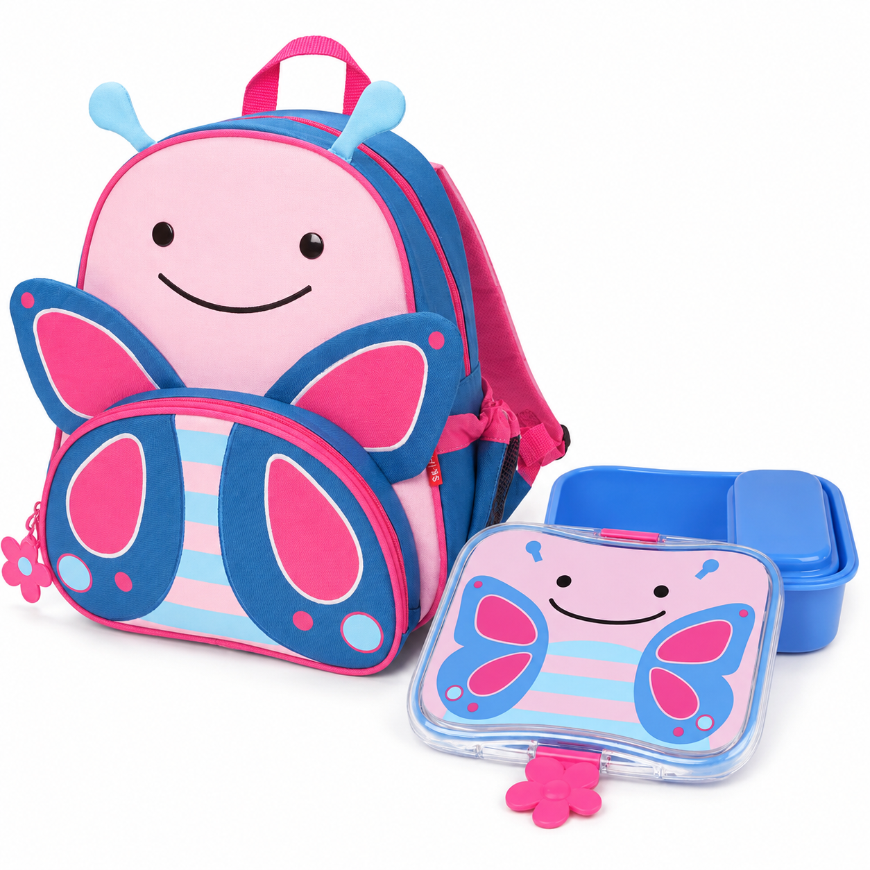 Kids butterfly-themed backpack set with matching lunchbox and flower charm, blue and pink