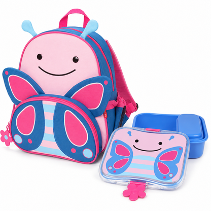 Kids butterfly-themed backpack set with matching lunchbox and flower charm, blue and pink