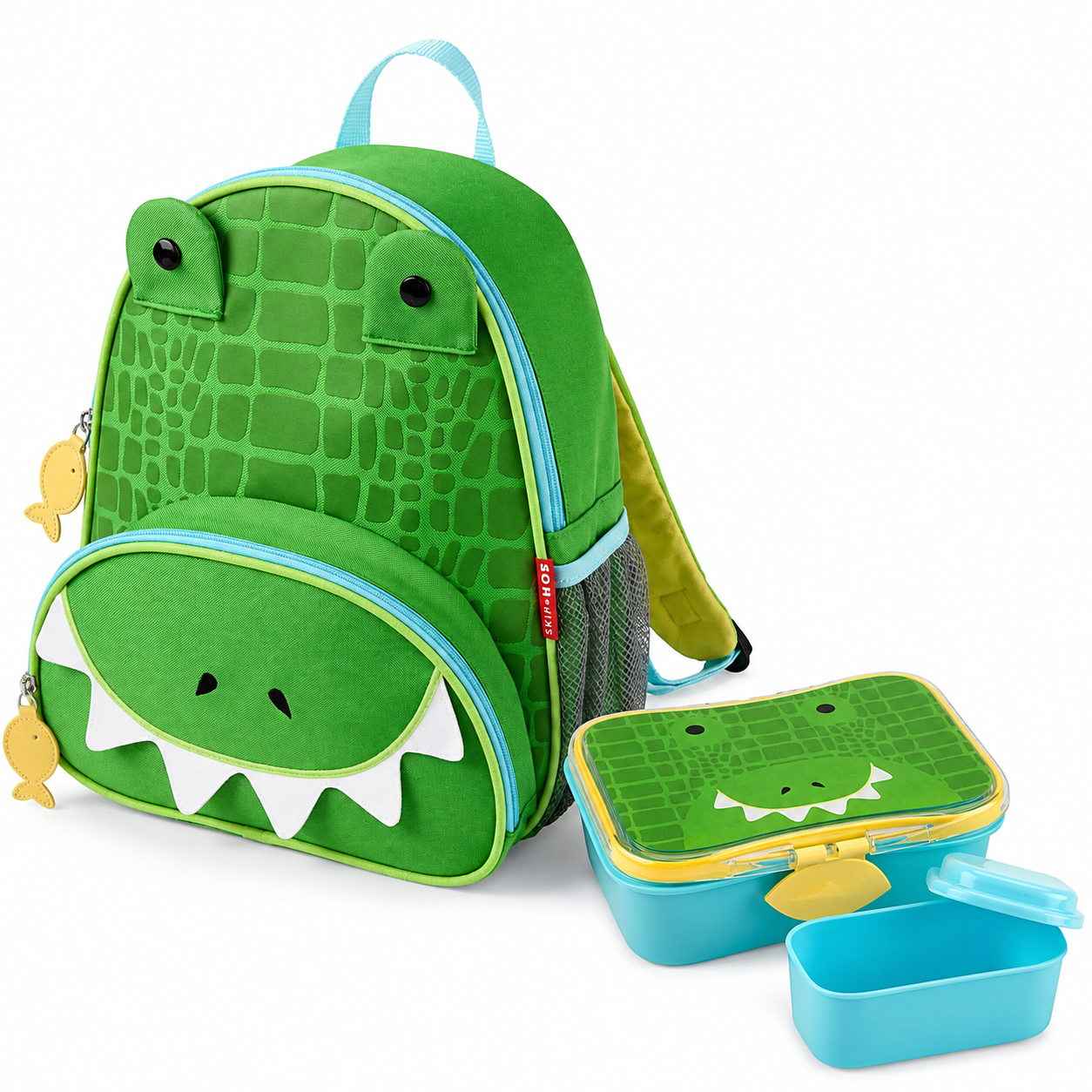 Kids crocodile backpack with blue trim and light-blue lunch containers