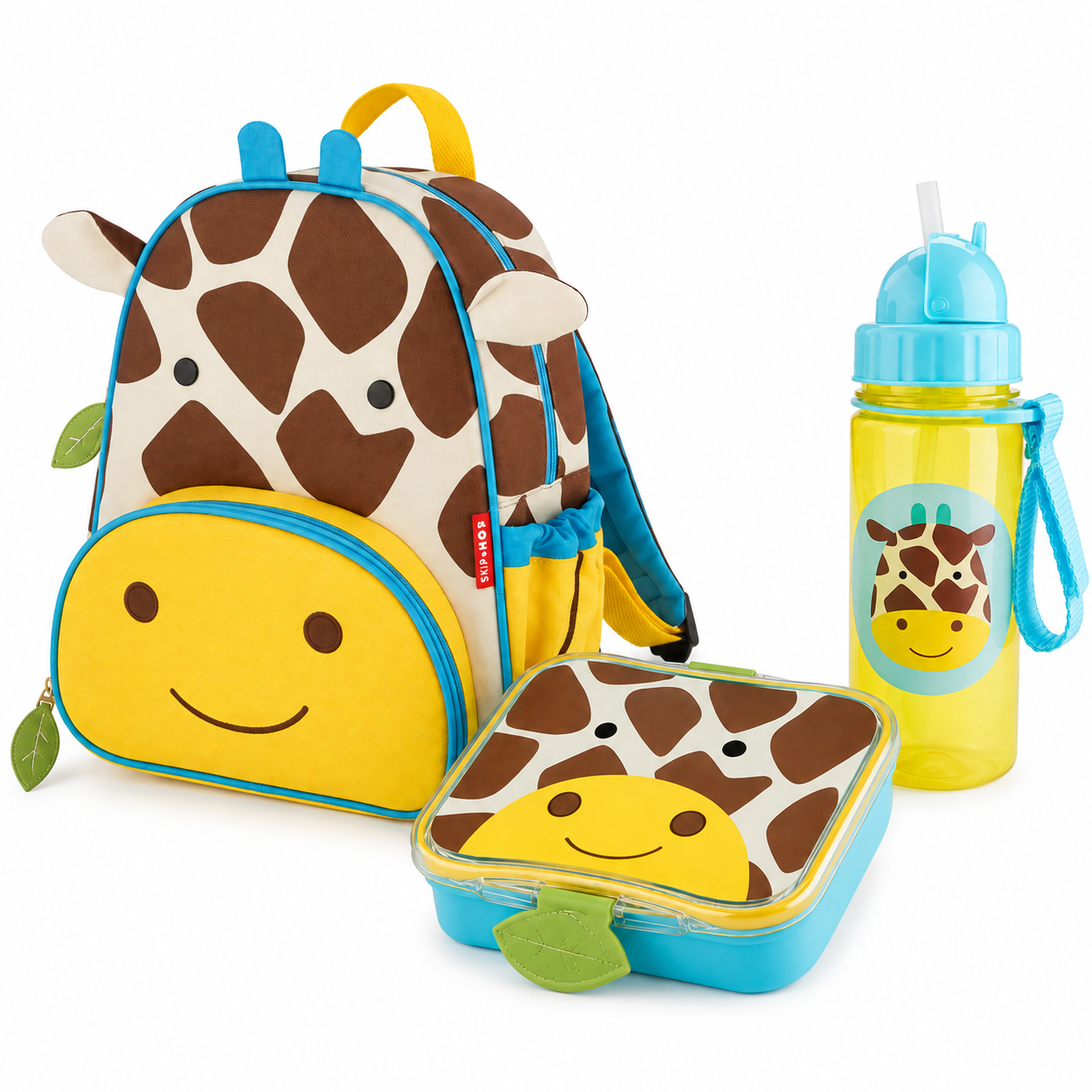 Kids zoo animal backpack with yellow smile face and brown spotted front pocket