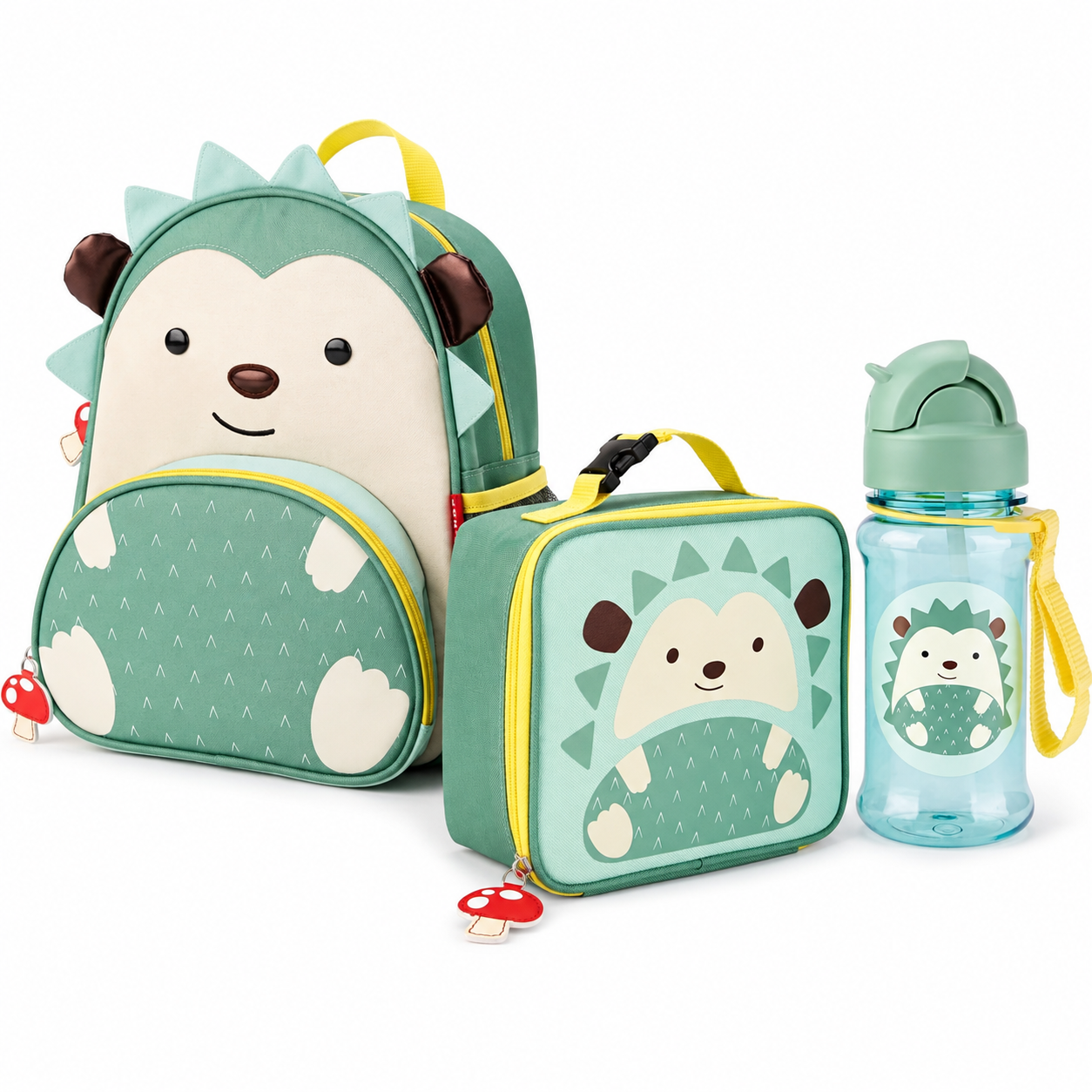 Kids hedgehog backpack set: green backpack, lunch bag, blue water bottle