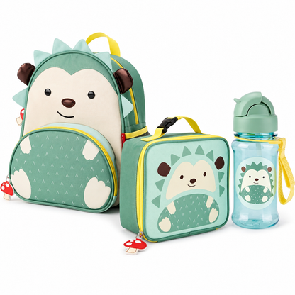 Kids hedgehog backpack set: green backpack, lunch bag, blue water bottle