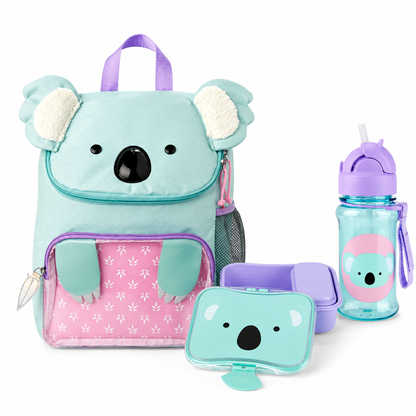 Kids koala face backpack with pink patterned front pouch, matching lunch box and bottle