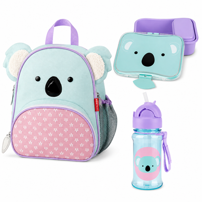 Kids koala backpack set with lunchbox and water bottle, light blue and pink