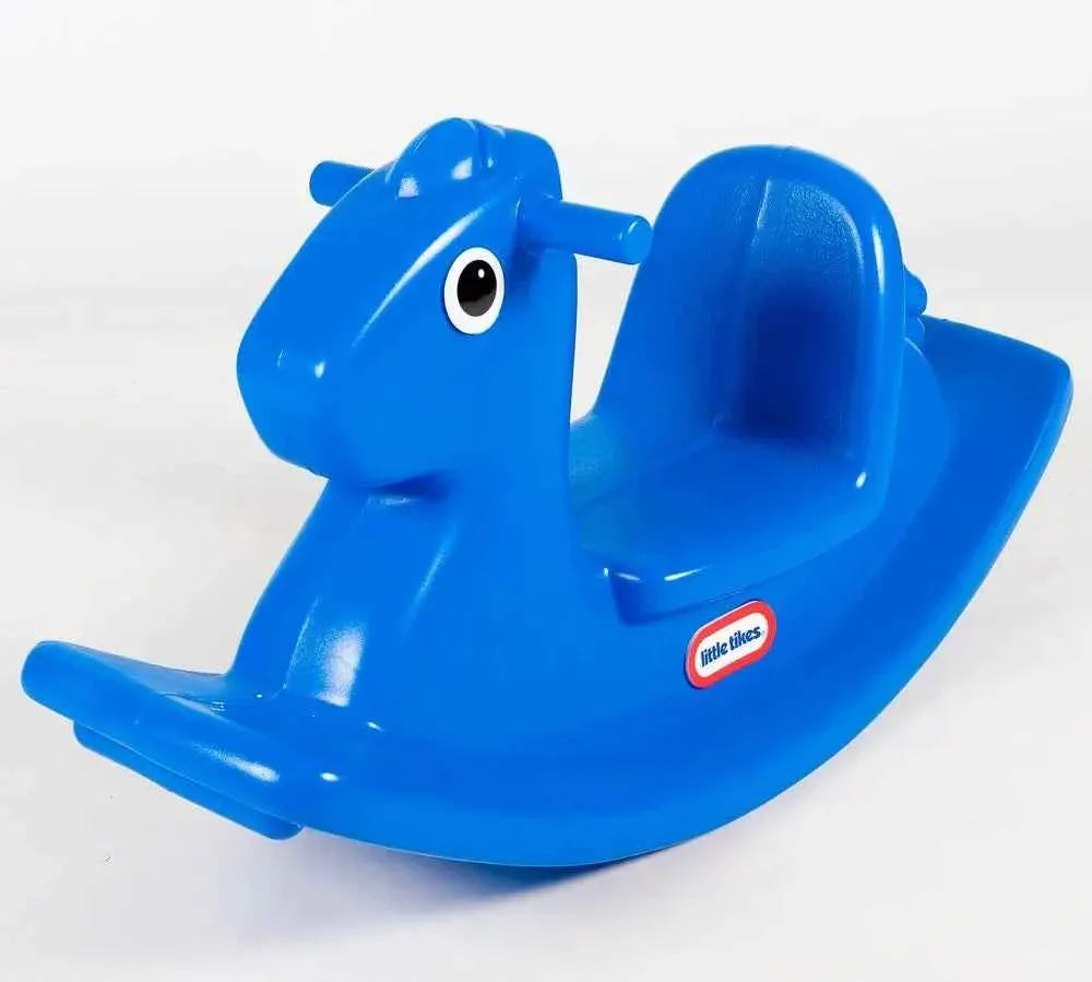 Blue molded rocking horse toy with rounded head and front rockers