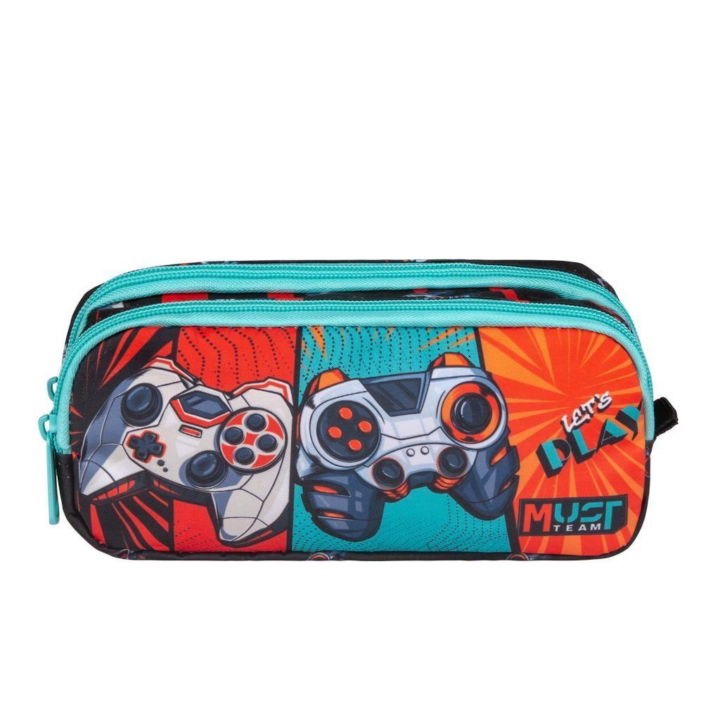 Two-compartment barrel pencil case with teal zipper and colorful gaming controller graphic