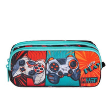 Two-compartment barrel pencil case with teal zipper and colorful gaming controller graphic