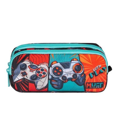 Two-compartment barrel pencil case with teal zipper and colorful gaming controller graphic