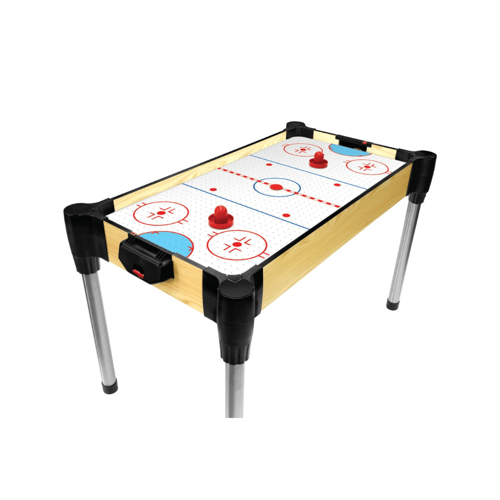48" Air Hockey Table with blue playfield, red pucks, black goals, chrome legs