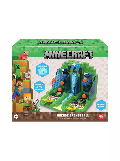 Arcade Basketball set, boxed Minecraft-style green maze arena with orange balls