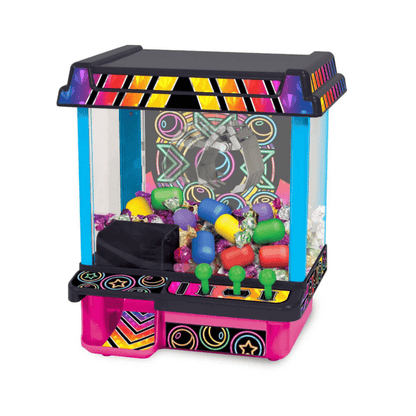 Electronic arcade claw crane game machine with transparent prize cabinet and colorful base