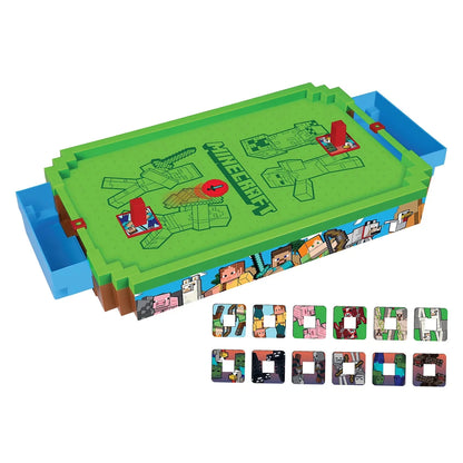 Minecraft air hockey desktop game with green playfield and blue end rails