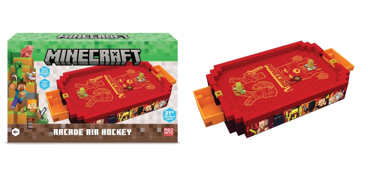 Minecraft Arcade Air Hockey Geschenkbox mit Spielbereich und Figuren-Grafik