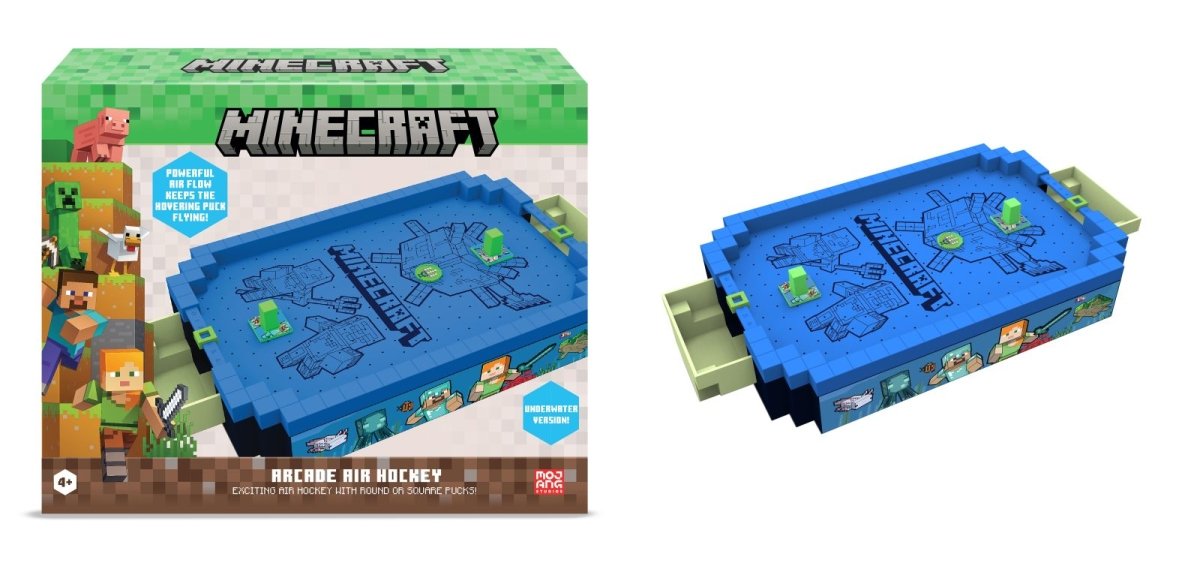 Arcade-Airhockey-Set in der Verpackung mit Minecraft-Motiv und blauem Spieltisch