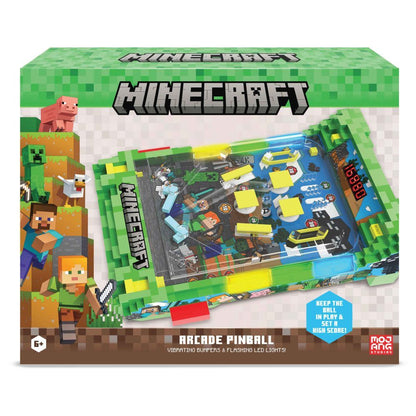 Minecraft Overworld Arcade Pinball-Kasten mit Arcade-Spielgrafik und LED-/Bumper-Hinweisen