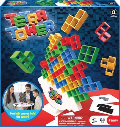 Tetra Tower board game box with colorful building block pieces and Tower challenge