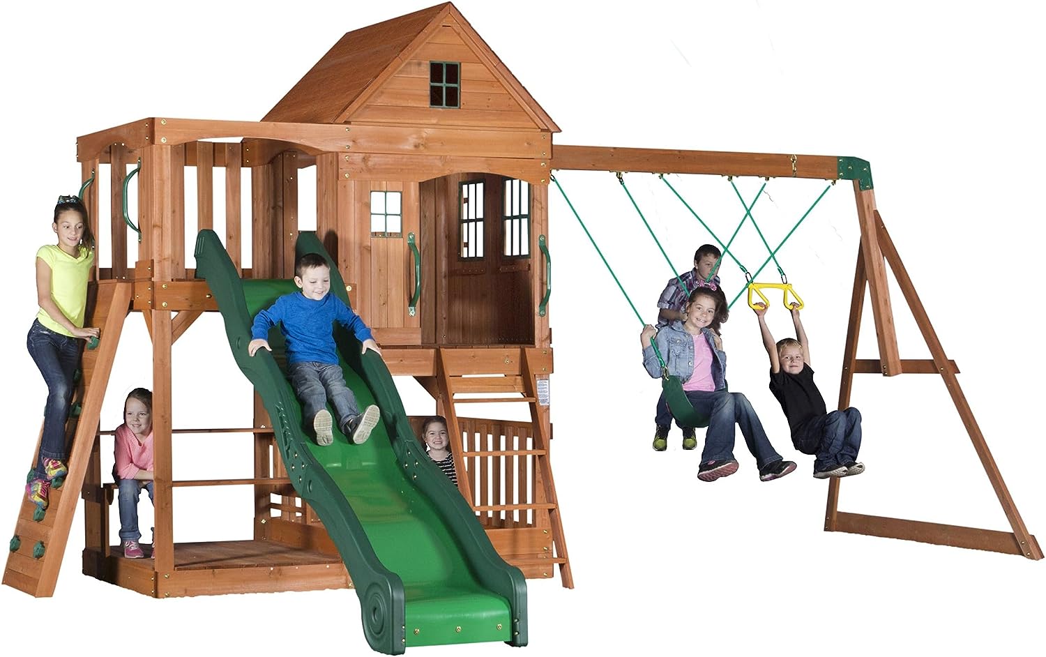 Discovery Hillcrest Schaukel- und Spielset aus Holz mit grünem Rutschenteil und Seilschaukel