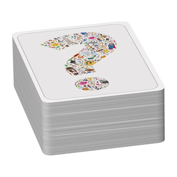 Stack of game cards with LA RECHARGE character made of colorful icons on back