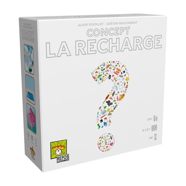 Concept of Recharging board game box with LA RECHARGE title and colorful artwork