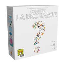 Concept of Recharging board game box with LA RECHARGE title and colorful artwork
