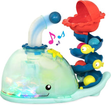 Whale popper toy: mint whale dome, red spout, blue whales and figures