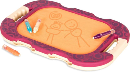 Portable Water Doodler drawing board with orange writing surface, purple patterned border, pens