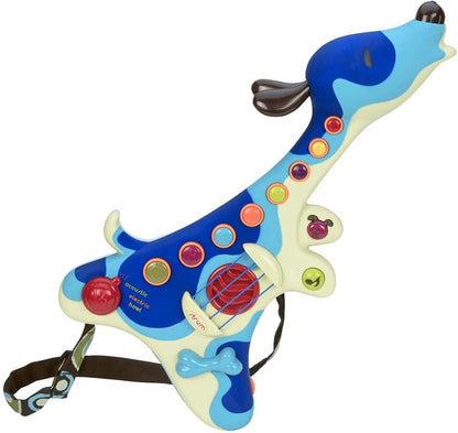 Blue and cream toy guitar with colorful buttons, red strings, and attached strap