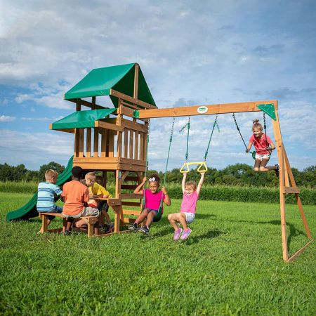 Cedar wood swing set with slide, green shade canopy, and rope swings