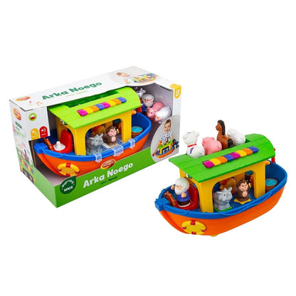 Toy animal ark boat with green roof, blue sides, orange base and animal figures