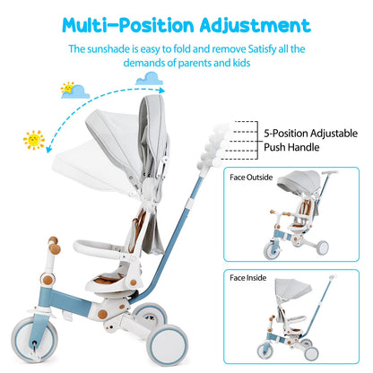 Multi-position stroller tricycle with canopy and 5-level adjustable push handle