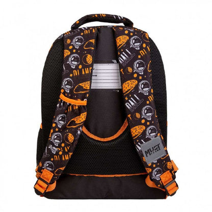 Kids school backpack, black and orange space pattern, front open with straps visible