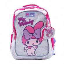 Primary school backpack with light gray and pink floral print, My Melody character, front zipper.